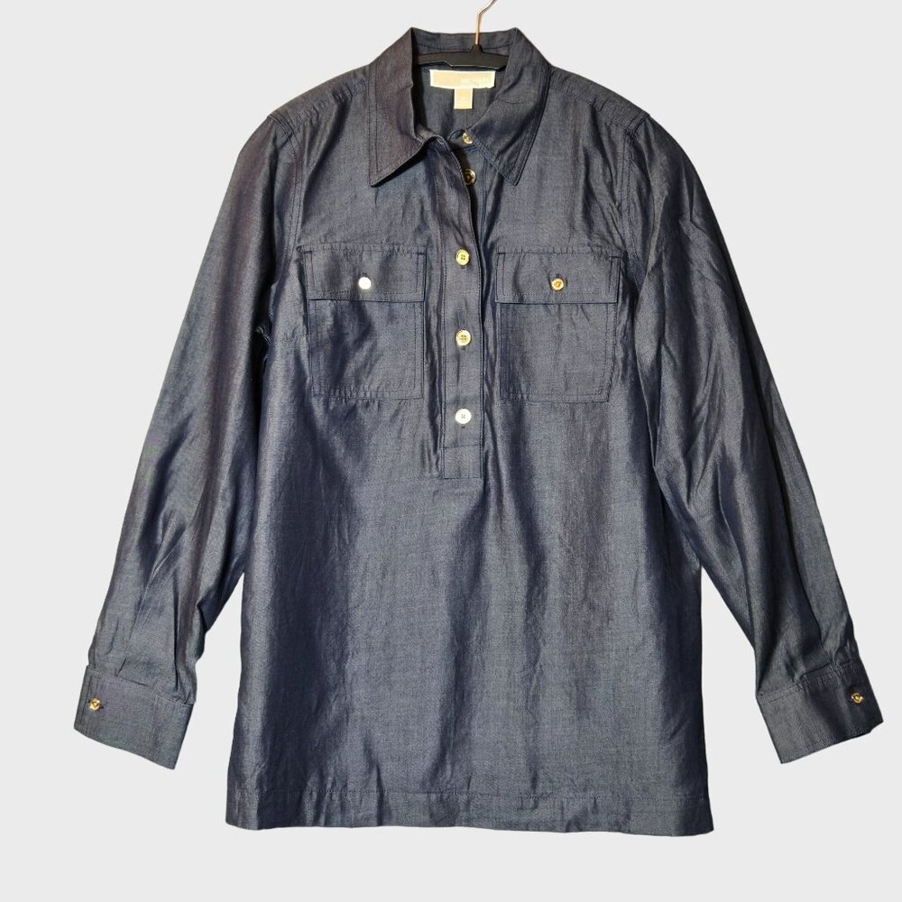 Michael Kors Quarter Button Long Sleeve Tunic Top Indigo Rinse Cuffed Work NWT